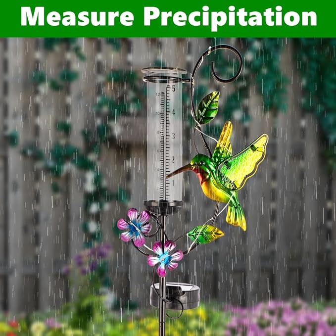 Hummingbird Rain Gauge with 5 Inch Glass Tube, Solar Rain Gauge with LED Lights Rain Water Gauge Decor for Patio, Garden Yard, Measuring Precipitation