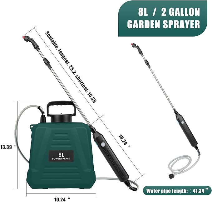 Battery Powered Sprayer 2 Gallon - Upgraded Anti-Bend Hose Electric Garden Sprayer, Rechargeable Pump Sprayer with 3 Mist Nozzles, Retractable Wand, Adjustable Strap for Lawn, Plant Watering (Green)