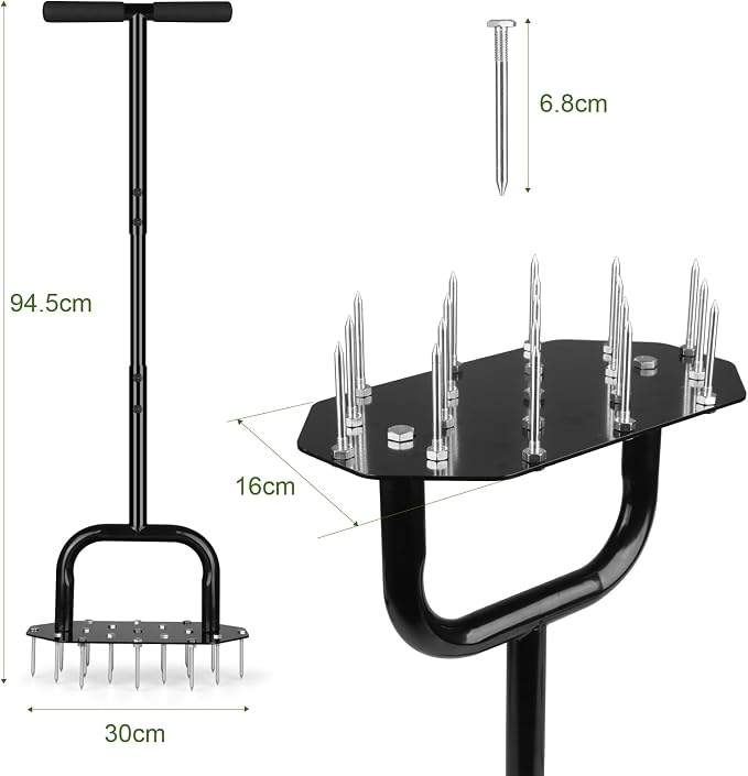 Manual Lawn Aerator with 18 Iron Spikes Heavy Duty Spike Aeration Tool for Grass, Yard, Garden Step Aerator Lawn Tool 37 Inch