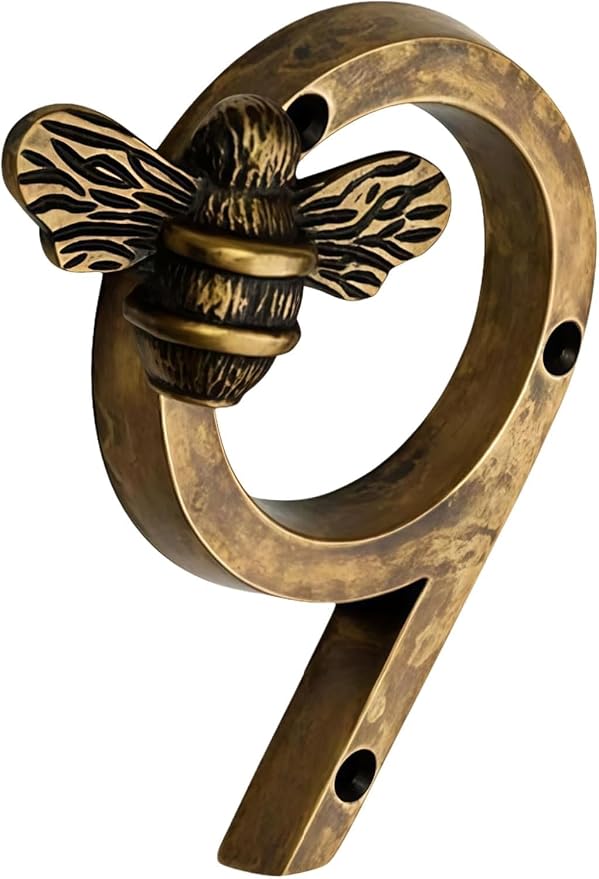 Bee House Number Sign, Antique Brass Finish, Decorative Metal Address Numbers for Door or Wall (Gold, 9)