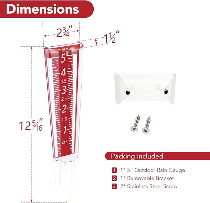 Circrane 5-Inch Capacity Outdoor Rain Gauge with Additional Hang Bracket& Stainless Steel Screws, Magnifying Scale and Numbers Design for Easy Read (Red)