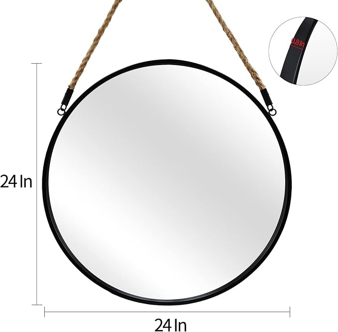 POZINO Round Mirror with Rope, 24 Inch Circle Hanging Wall Mirrors, Black Frame Farmhouse Decorative Mirror for Entryway, Living Room, Fireplace, Bedroom, Bathroom