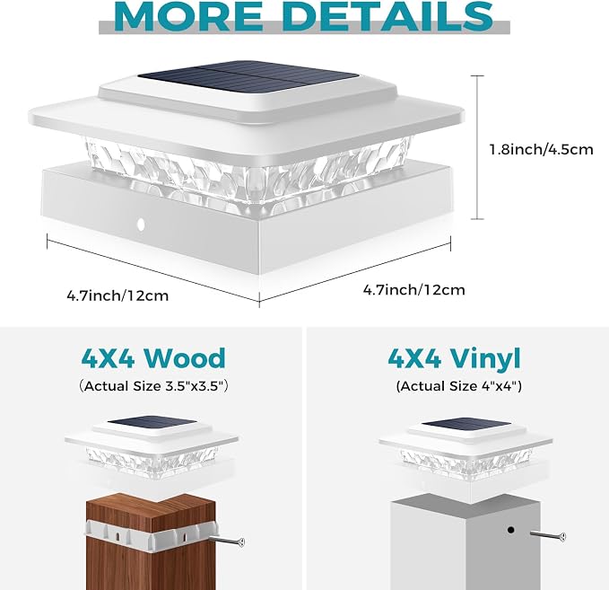 kolpop 4x4 Solar Post Cap Lights Outdoor 12Pack- 3 Color Temperatures&2 Level Brightness, IP65 Waterproof, 16 LED Fence Deck Post Light Solar Powered Only for 4×4/3.5×3.5 Wood/Vinyl Posts(White)