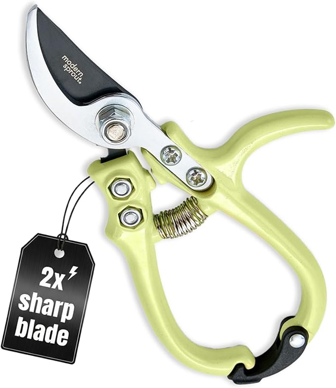 Modern Sprout Hand Pruners- Lightweight Pruning Shears W/Easy Lock-Gardening Scissors- Bypass Sharp Carbon Steel Blade- Rust Resistant- Garden Tools- Reusable Holster- Gift for Father's Day-Chartreuse