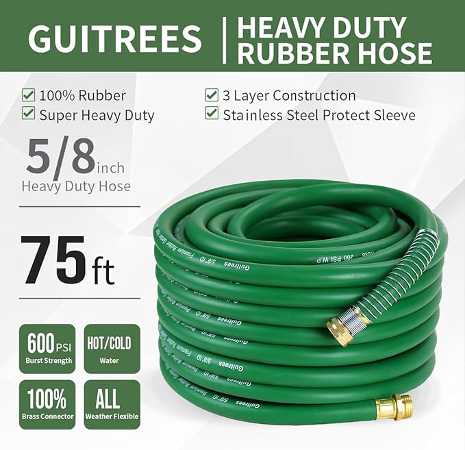 Guitrees 75FT 5/8 Heavy Duty Rubber Garden Hose - 300psi Working, 1000psi Burst - Hot/Cold Water - Five-Layered Braiding for Durability - Versatile for Gardening, Agriculture, Construction(Green)