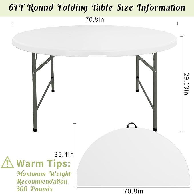Fivenl 6 FT Round Folding Tables White Foldable Table, Fold-in-Half with Carrying Handle Portable Plastic Table for Party, Dining, Wedding, Camping, Picnic, Indoor Outdoor Events