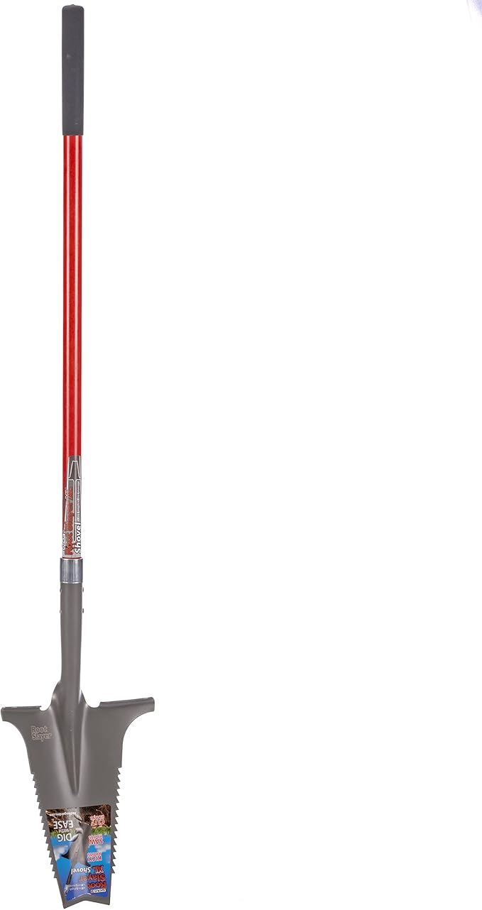 Root Slayer 22511 XL Garden Shovel with Serrated Blade for Digging and Root Cutting, Fiberglass Shaft, Heavy Duty Steel Spade, Red