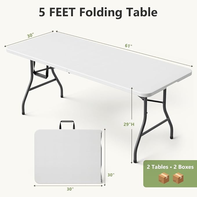 Folding Table 2 Pack, 5 FT Foldable Plastic Table with Carrying Handle, Heavy Duty Portable Fold-in-Half Utility Table for Party, Camping, Banquet, Craft, Wedding, Indoor & Outdoor Use