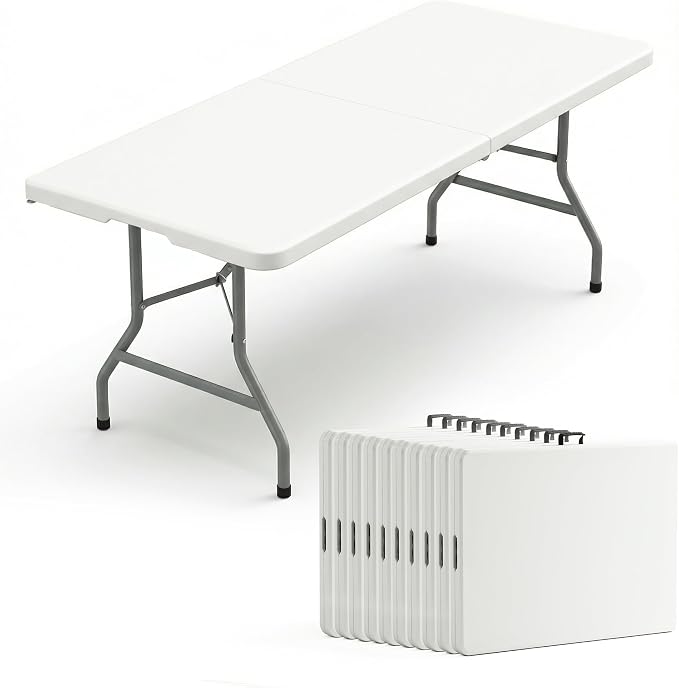 10 Pack of 8 Foot Foldable Table with Built in Handle & Steel Legs, 8FT Portable Heavy Duty Plastic Folding Tables for Parties, Dining, Wedding, Events, Picnic, Indoor & Outdoor, Camping, Utility