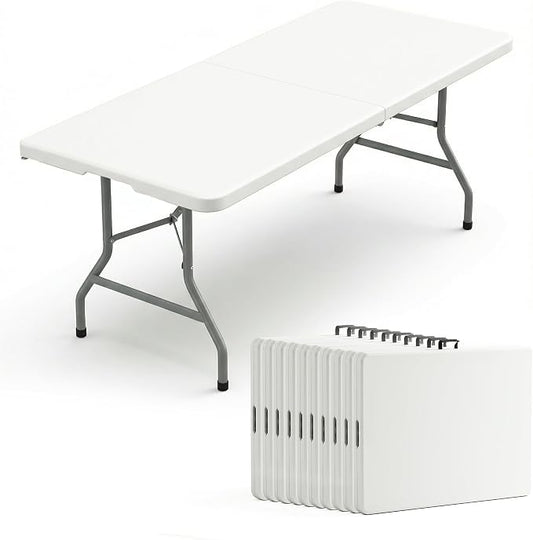 10 Pack of 8 Foot Foldable Table with Built in Handle & Steel Legs, 8FT Portable Heavy Duty Plastic Folding Tables for Parties, Dining, Wedding, Events, Picnic, Indoor & Outdoor, Camping, Utility