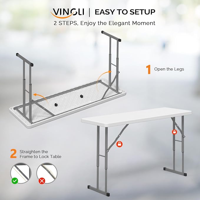 VINGLI 4 FT Narrow Folding Table,Premium Quality HDPE Material and Sturdy Metal Frame, Perfect for Buffet, Seminar, Party, Training, Home Work, White