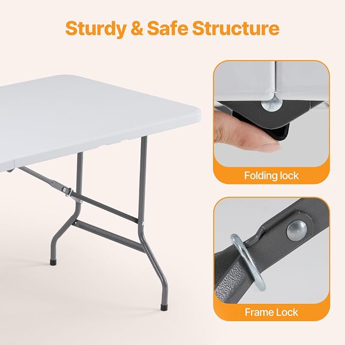 NEWBULIG 6 FT Foldable Table Easy to Fold and Store, Folding Picnic Table for Picnic Camping Kitchen Dining Party Outdoor Indoor with Carrying Handle, White