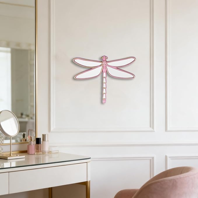 Decorative Dragonfly Wall Mirror, Plastic Frame with Mirrored Wings (12.4 x 9.3 inches) (Pink)