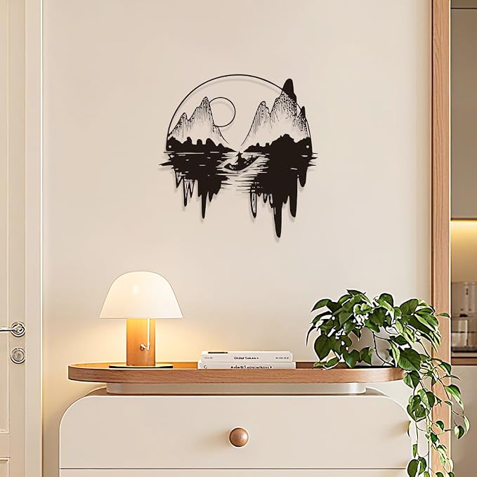 Black Metal Mountain Wall Art Minimalist Forest Silhouette Art Rustic Natural Hunting Home Wall Decor Sign Ornaments Gift for Living Room Garden Bedroom Balcony Patio (Amidst the mountains and rivers)