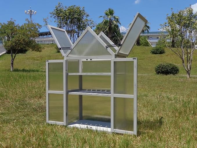 GDFStudio Mini Greenhouse Kit with Adjustable Shelves, Small Outdoor Green House Plant Stand with Adjustable Roof Panels and Wall Brackets Garden & Patio Accessories for Garden Patio Indoor Use, Gray