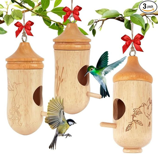 Hummingbird House, Small Hummingbird Houses for Outside, Wooden Bird House with Bow, String, Cute Gardening Gifts Home Decoration