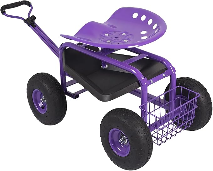 Rolling Garden Cart - Outdoor Workseat with Wheels, Heavy Duty Garden Tool Cart with Storage Bracket and Tool Tray for Yard, Planting Gardening Work (Purple)