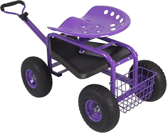 Rolling Garden Cart - Outdoor Workseat with Wheels, Heavy Duty Garden Tool Cart with Storage Bracket and Tool Tray for Yard, Planting Gardening Work (Purple)