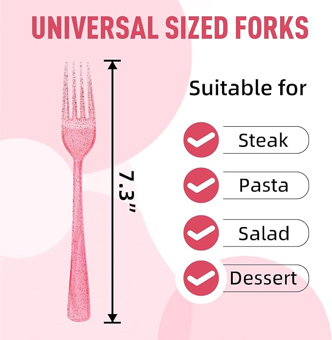50 Pcs Pink Plastic Forks, Pink Plastic Silverware, Heavy Duty Plastic Cutlery Set Disposable Utensils Sets for Valentine's Day, Brithday, Wedding, Baby Shower, Bridal Shower