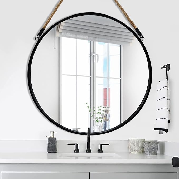 POZINO Round Hanging Mirror with Rope, 30 Inch Large Circle Wall Mirror, Black Metal Frame Farmhouse Mirror for Bathroom Bedroom Living Room Entryway Hallway