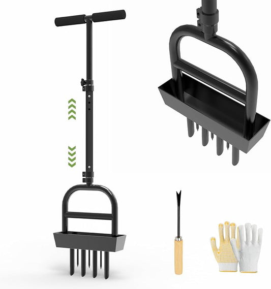 Lawn Aerator Tool with 4 Hollow Tines & 3 Spike Tines, Aerator Lawn Tool with Soil Core Storage Tray, Grass Aerator for Yard Aerator, Manual Lawn Core Aerator & Yard Aerator Garden Tool