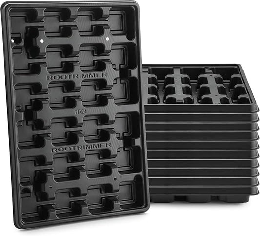RooTrimmer 24 Cell Nursery Pots Trays 10 Pack (17"x11"x1.6"), Reusable Plastic Plant Pot Tray with Drain Holes, Carrying Seed Starter Tray for Holding 2.8 inch (7CM) Square Nursery Pots (Black)