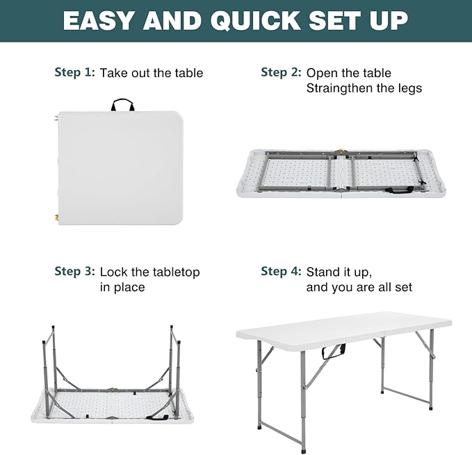 FDW 4 Foot Outdoor Dining Table, Foldable Portable Rectangular Plastic Folding Table with Built in Carrying Handle and Height Adjustable for Party and Wedding Use, White