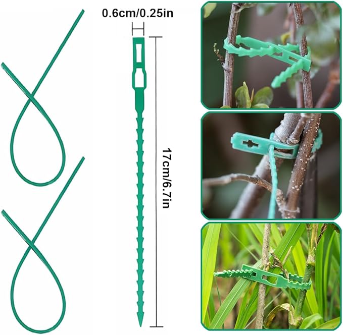 100 Pcs Adjustable Plant Ties, 6.7" Serrated Flexible Green Garden Plastic Ties for Climbing Plants, Vines, Flowers, Tomatoes, Trees, Stems, Outdoor Indoor Potted Plant Growth Support.