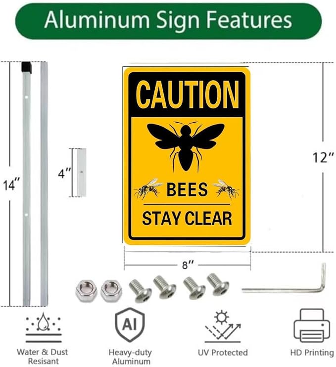 caution bees stay clear Yard Sign with Stakes(8 * 12in),Sturdy Aluminum Signs Rust Free,Honey Bee Decorations Hive Rules Signs,bee habitat signs