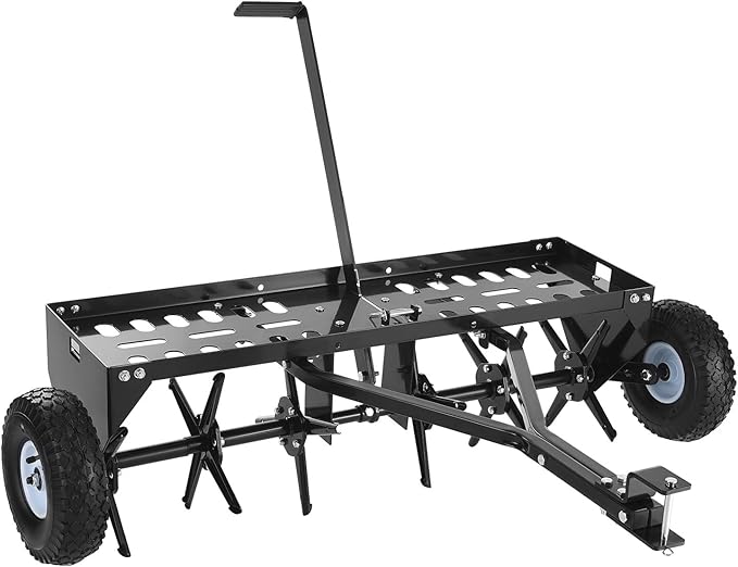 VEVOR Tow Behind Plug Aerator, 40 in Lawn Core Aerator Tool Universal Hitch, 120lbs Weight Capacity, Heavy Duty & Rust-Resistant, Pull Behind Spike Aerators with Tray for Farmland & Garden Tractors