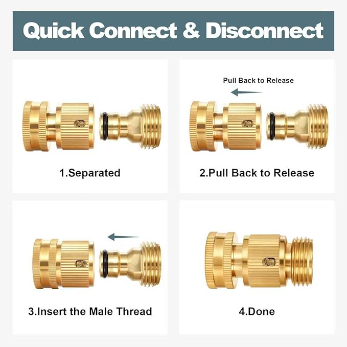 Garden Hose Quick Connect, Solid Brass 3/4 Inch GHT Leak-Proof Connectors, Heavy Duty Male & Female Quick Connect Hose Fittings, Easy Connect Water for Sprinkler & Pressure Washer (2 Pack)