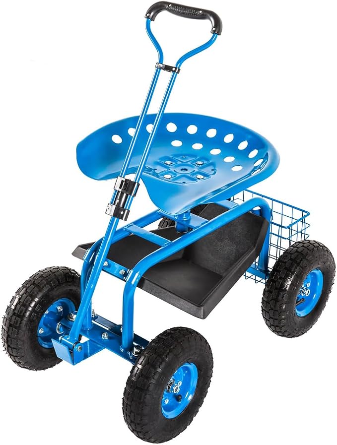 J-Sun-7 Garden Cart with Seat - Rolling Garden Scooter, Steel Stool with Wheels, 360 Degree Swivel Work Seat, Adjustable Handle, Tool Tray, Basket, Gardening Stools for Seniors, Blue