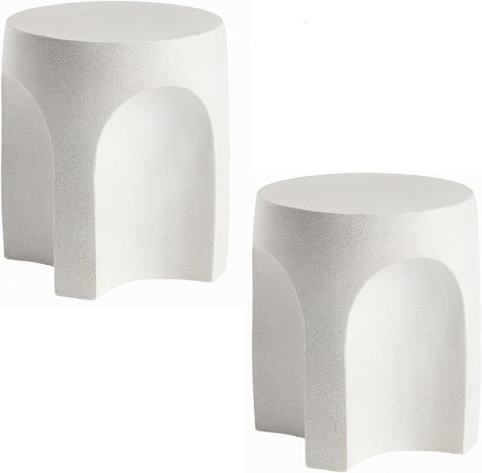 SUNBURY Outdoor Side Tables Set of 2, Concrete Accent End Table, Indoor Small Round Patio End Plant Stands Outside, Garden Stools for Yard, Arch Shape Spotted White