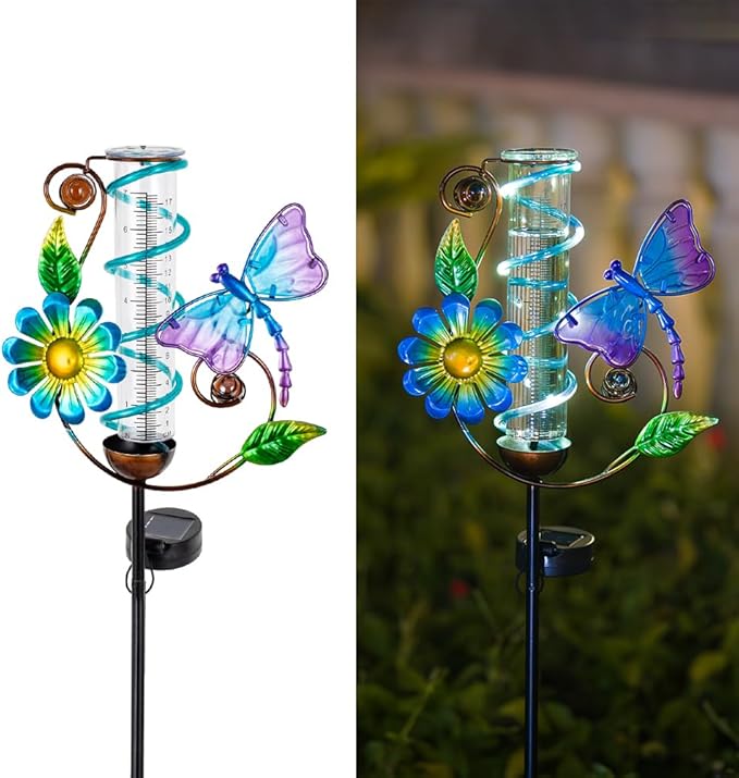 Rain Gauge Outdoor, Solar Rain Gauges for Yard, Freeze Proof Rain Gauge with 7" Plastic Tube, Metal Dragonfly Decorative Water Gauge with Led Light