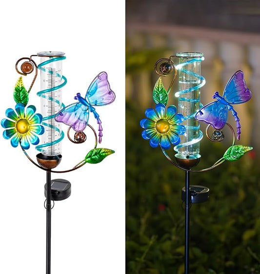 Rain Gauge Outdoor, Solar Rain Gauges for Yard, Freeze Proof Rain Gauge with 7" Plastic Tube, Metal Dragonfly Decorative Water Gauge with Led Light
