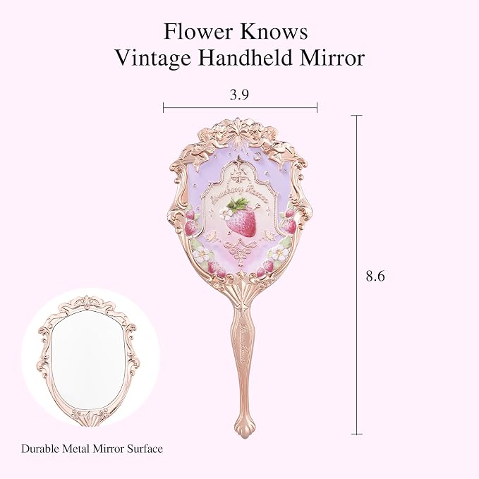 Flower Knows Violet Strawberry Rococo Hand Mirror,Vintage Portable Handheld Mirror,Fancy & Pretty Princess Mirror with Long Handle,Gift for Girls(Wisteria Purple)