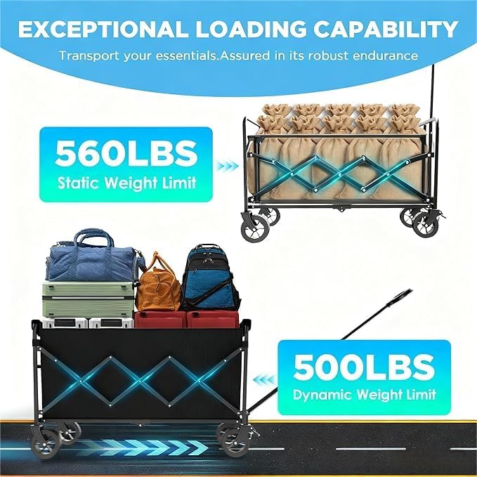 Wagons Carts Foldable, Beach Wagon with Brakes & All-Terrain Wheels 560LBS Capacity Collapsible Wagon for Trips, Outdoor Camping, Sports & Garden Use