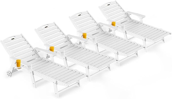Ciokea Lounge Chair Outdoor Set of 4, Oversized Chaise Lounge Chair with 5 Positions, HDPE, Patio Lounge Chairs with Wheels & Cup Holder for Lawn, Pool, Deck, Poolside, White