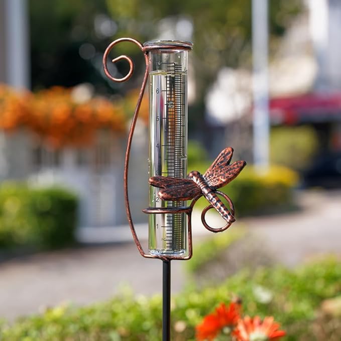 Dragonfly Rain Gauge Outdoor, 7 Inch Metal Rain Gauges for Measuring Precipitation, Patio, Garden Yard Decor