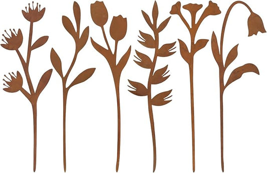 hogardeck Garden Decor for Outside, 6 Pcs Rusty Metal Flower Garden Stakes with Fern Leaf Design for Outdoor Yard Art, Rustic Plant Stakes for Flower Bed, Pot, Vase