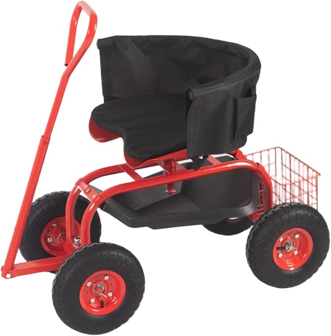 Rolling Garden Cart - Outdoor Workseat with Seat Cushions and Wheels, Heavy Duty Garden Tool Cart with Storage Bracket and Tool Tray for Yard, Planting Gardening Work (Red)