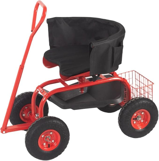 Rolling Garden Cart - Outdoor Workseat with Seat Cushions and Wheels, Heavy Duty Garden Tool Cart with Storage Bracket and Tool Tray for Yard, Planting Gardening Work (Red)