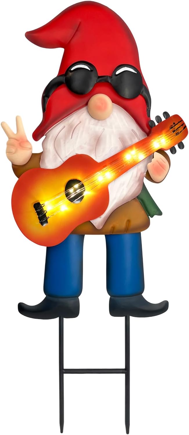 HONGLAND 28" Solar Garden Gnome Decor with Light Up Guitar - Outdoor Decorative Stake for Patio, Yard & Lawn | Unique Rock Music Gnome Decor