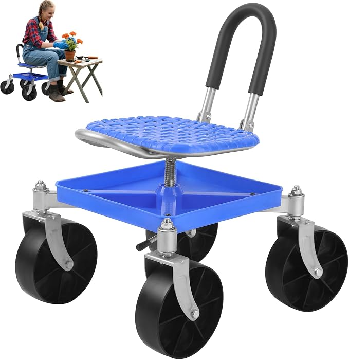 Garden Stool with Wheels 360° Swivel Garden Cart Seat Height Adjustable Rolling Workseat with Tool Tray & All-Terrains Wheels, 330Lbs Heavy Duty Gardening Stool for Seniors (Blue)