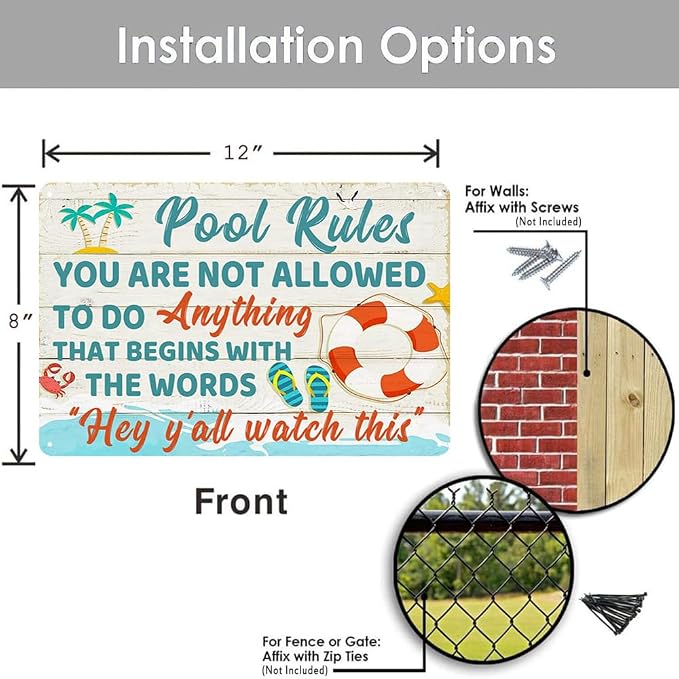 RESKEA Funny Pool Signs Pool Decorations Outdoor Pool Rules Sign Pool Deck Decor Pool Metal Signs Pool Patio Accessories For Beach, Home, Bar, Pool Deck, And Backyard Wall Decoration 8 X 12 Inches