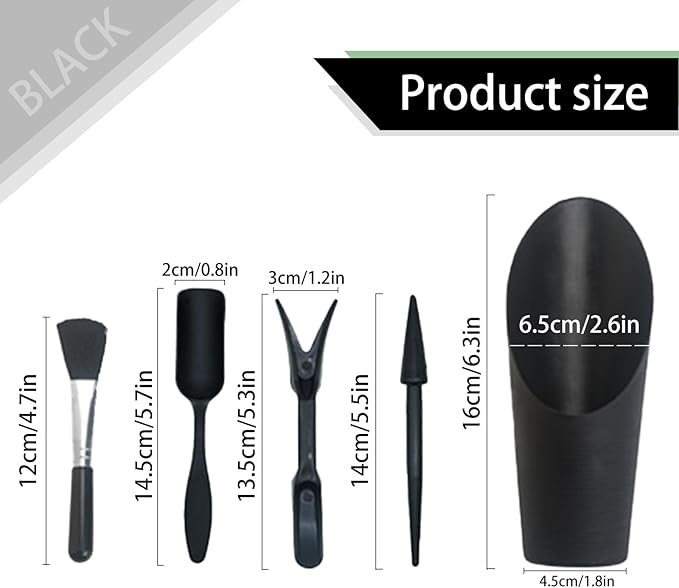 Mini Succulent Tools, 5Pc Succulent Planting Tools Kit for Indoor Planting, Succulent Gardening Tools for Digging, 2 Colors Shovel Scoop Bucket Spoon Brush Outdoor Plant Care (Black)
