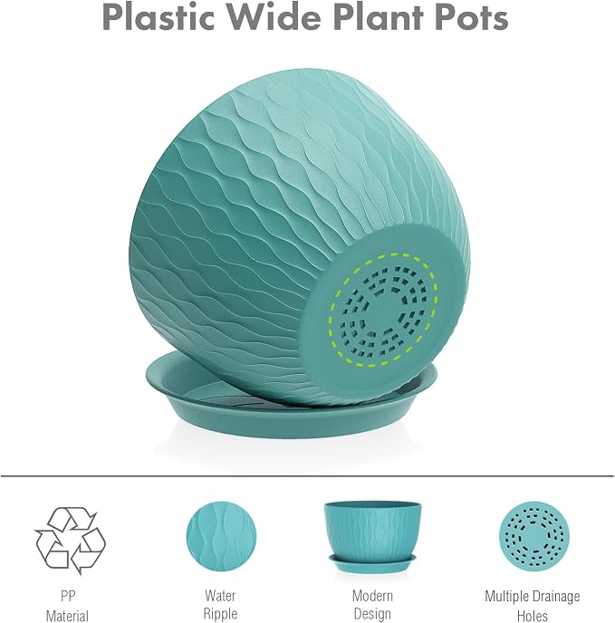 Meowell Large Plant Pots 12/10/9 inch, 3 Pack Big Flower Pots for Outdoor Indoor Plants with Water Ripples, Wide Plastic Planters with Drainage Holes and Saucers for Garden Home Decor, Blue Green