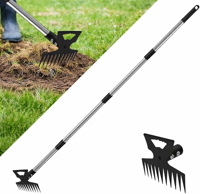 Weed Puller Tool with 61" Long Handle, 2-in-1 Garden Hoe & Weed Rake, Heavy Duty Manual Weeder for Yard, Lawn, Patio and Garden