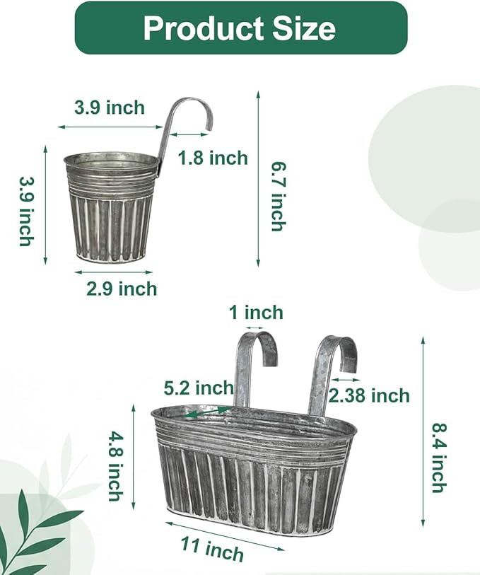Galvanized Metal Railing Planter for Outdoor Plants - 6 Pack Balcony Hanging Flower Pots with Detachable Hooks and Drain Holes Oval Bucket Rail Box Fence Planters for Home Garden Decor (11 & 4 Inch)