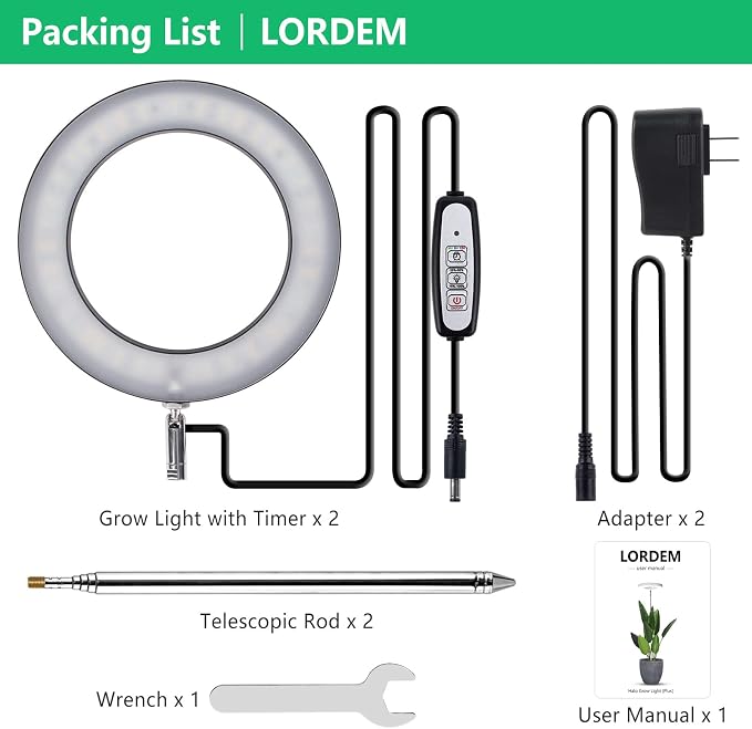 LORDEM Plant Grow Light, Full Spectrum Plant Light for Indoor Plants, Brightness Adjustable LED Growing Lamp with Auto On/Off Timer 4H/8H/12H, Height Adjustable, 2 Packs of Black